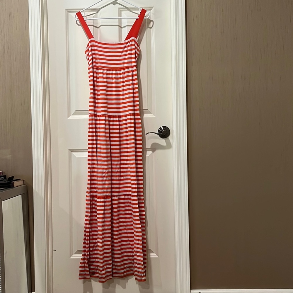 Orange and White Striped sleeveless Maxi dress